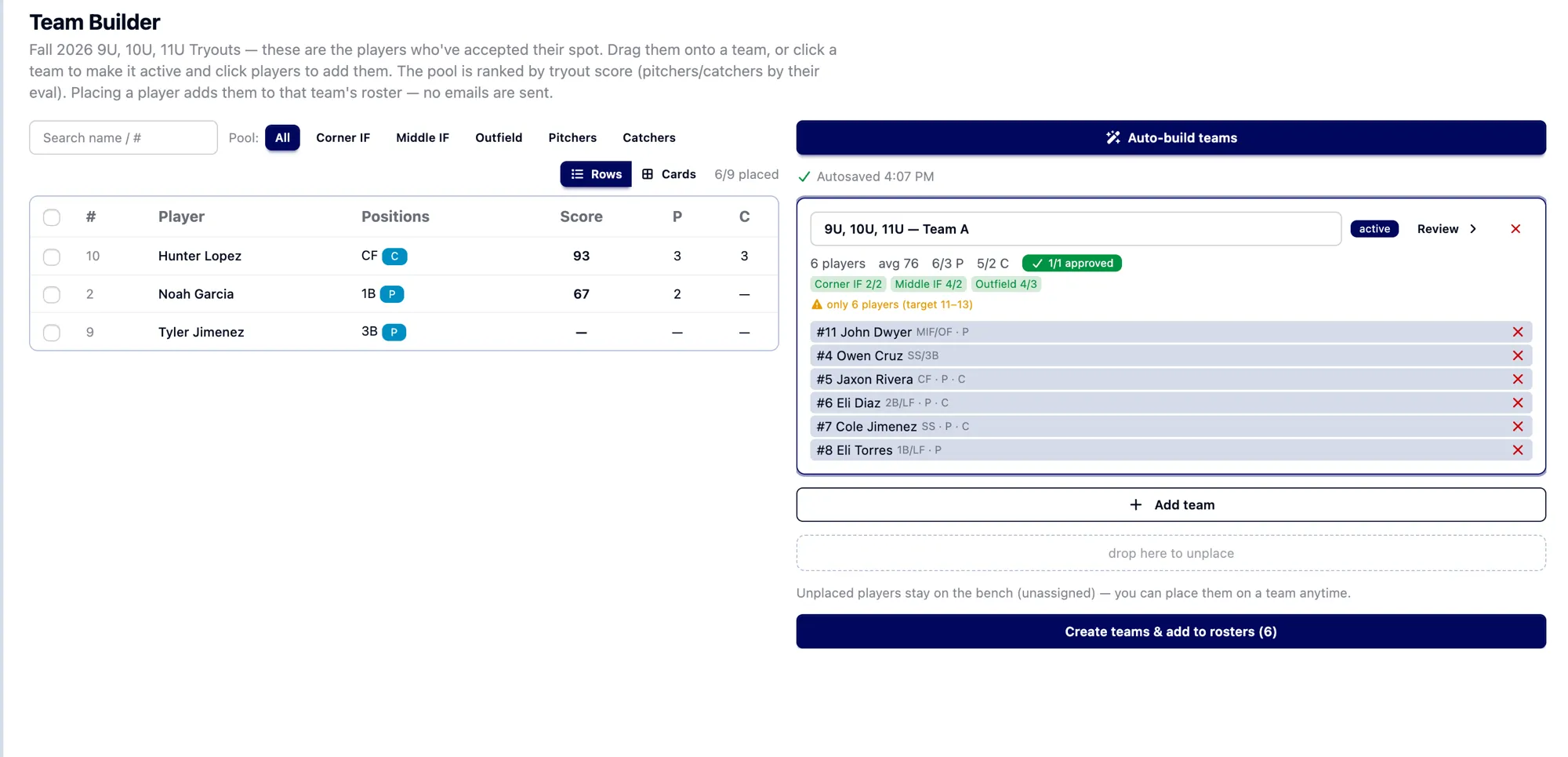 OrangeSlice Sport Team Builder with a score-ranked player pool being placed onto balanced team rosters