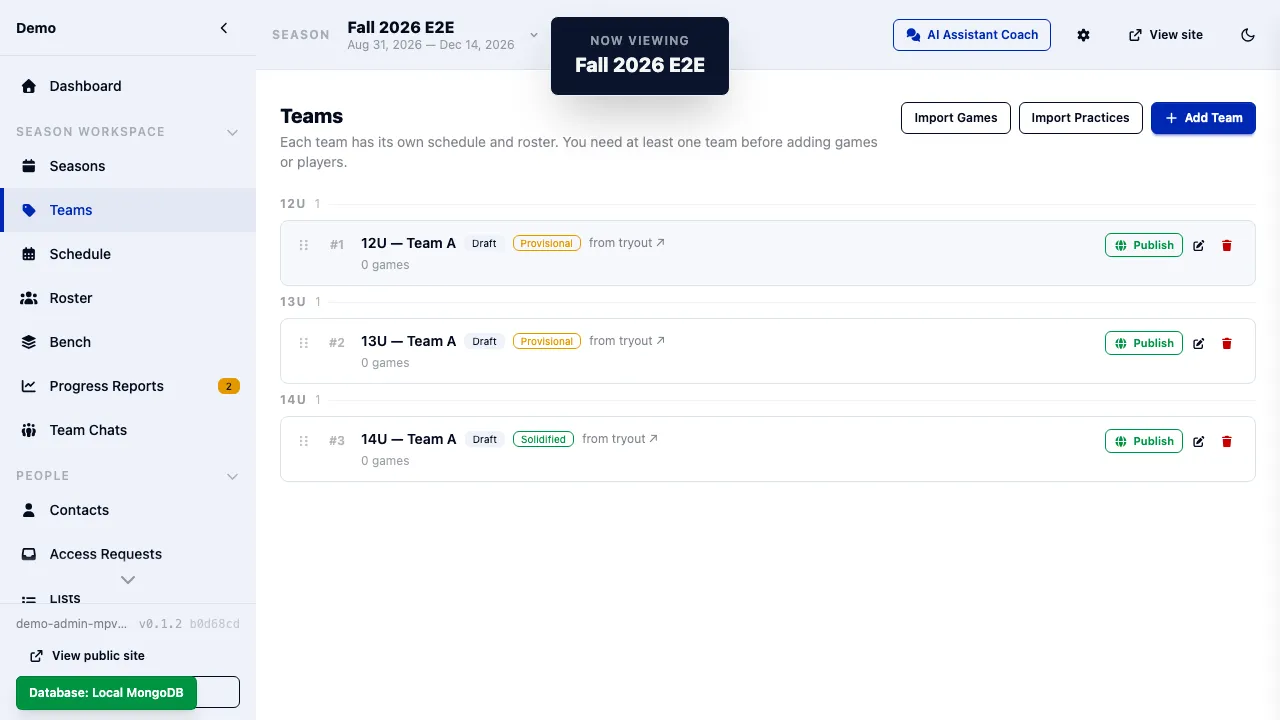 Roster view in OrangeSlice Sport showing players carried across a season