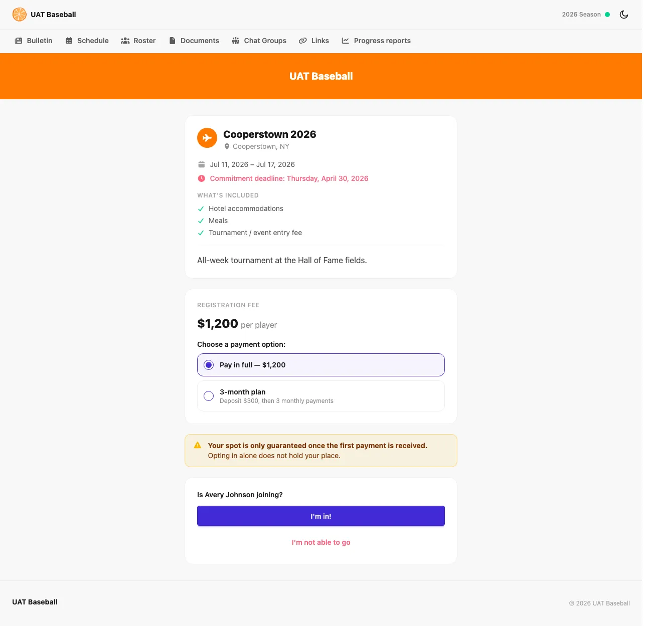 Public travel-event invite page in OrangeSlice Sport with itinerary, inclusions, and opt-in